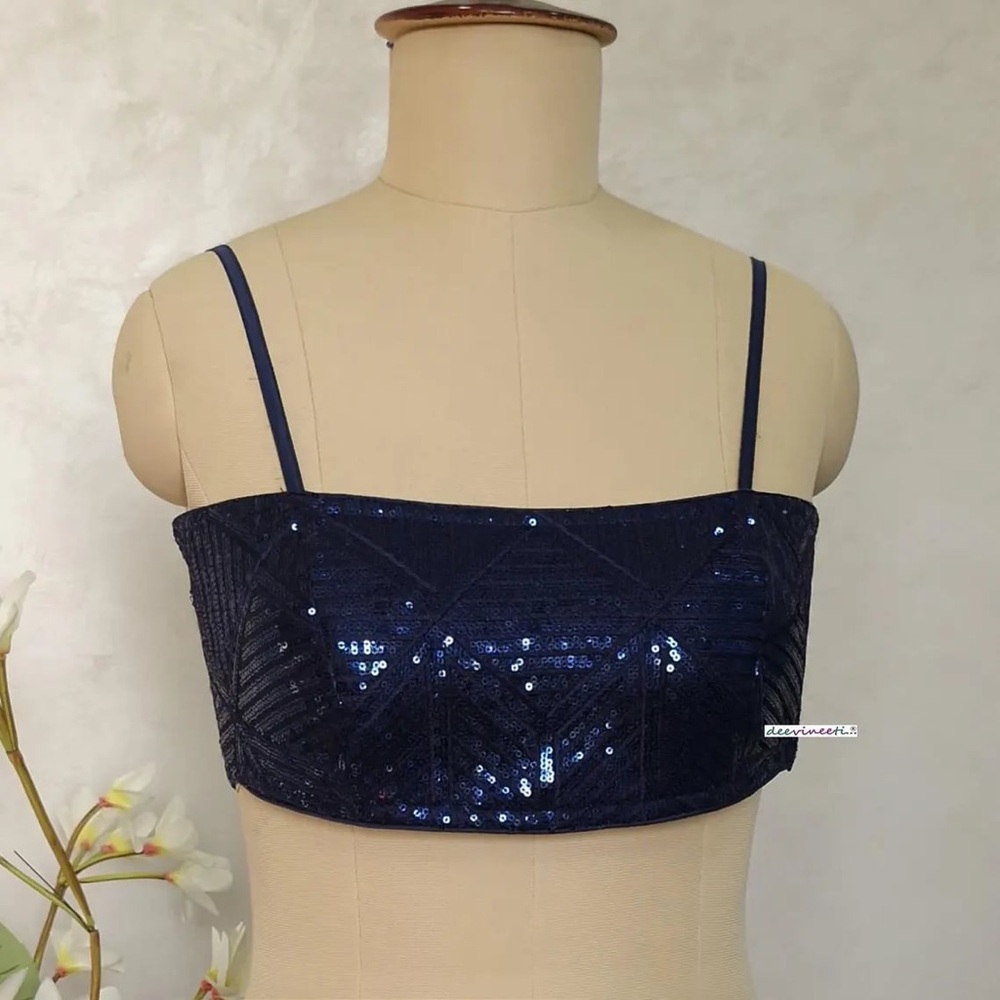 Navy Blue Sequin Saree Lehenga Blouse